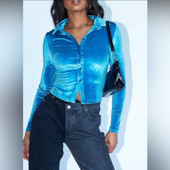 PRINCESS POLLY- ELODY LONG SLEEVE TOP VELVET TEAL - Picture 1 of 6